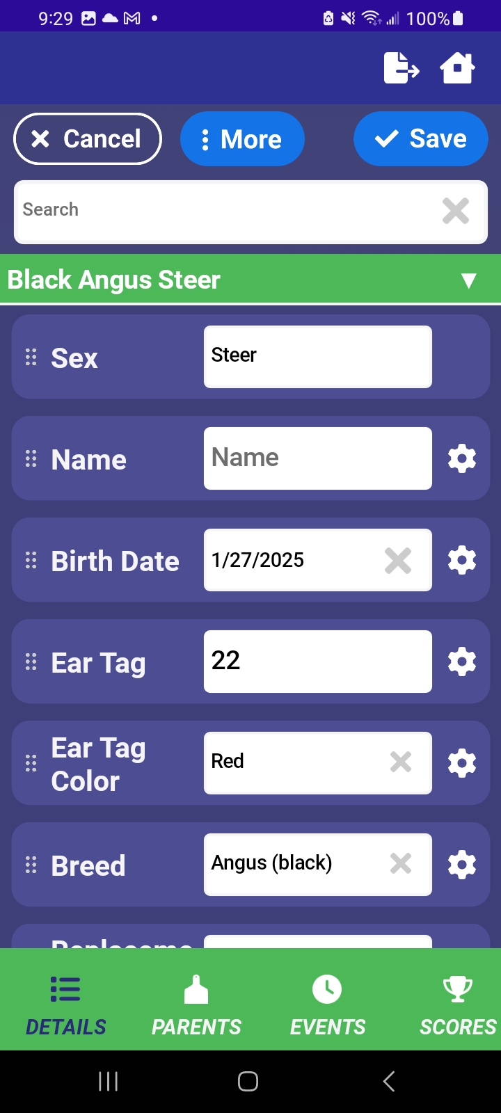 Calf Keeper herd management app animal detail screen with event history and records