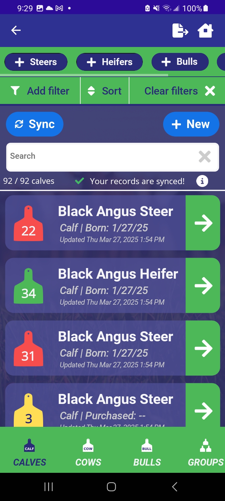 Calf Keeper cattle record-keeping app showing calves list with ear tags and details